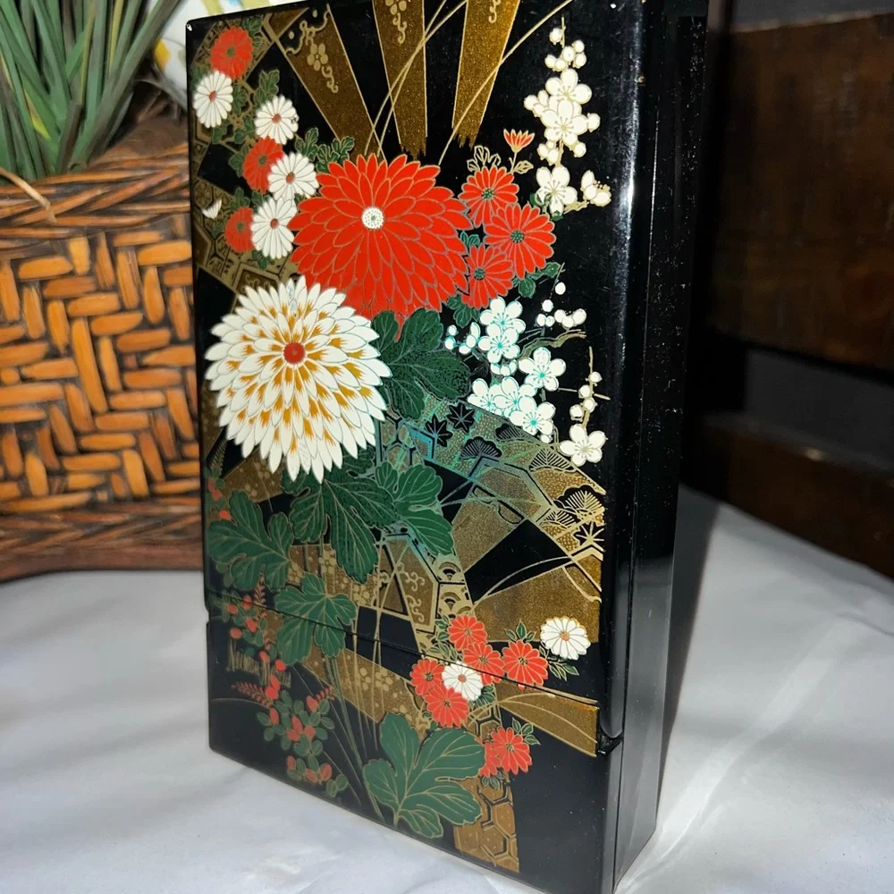 Vintage Naiman Marcus Compact Mirror Chrysanthemum Design Black Floral